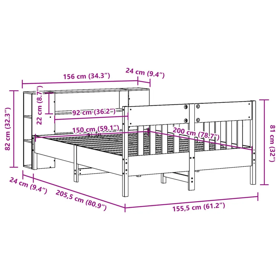Lit bibliothèque sans matelas 150x200 cm bois massif de pin - 12
