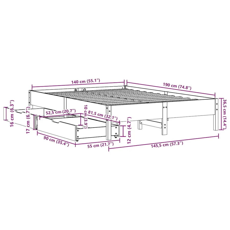 Cadre de lit sans matelas 140x190 cm bois de pin massif - 11