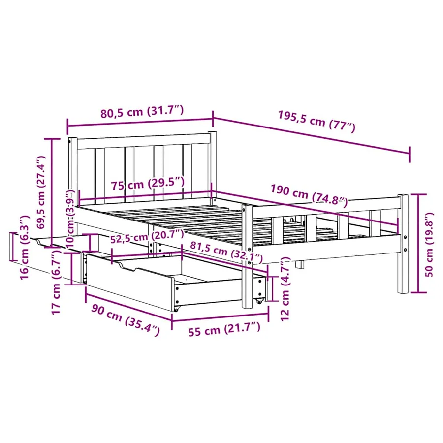 Cadre de lit sans matelas 75x190 cm bois de pin massif - 11