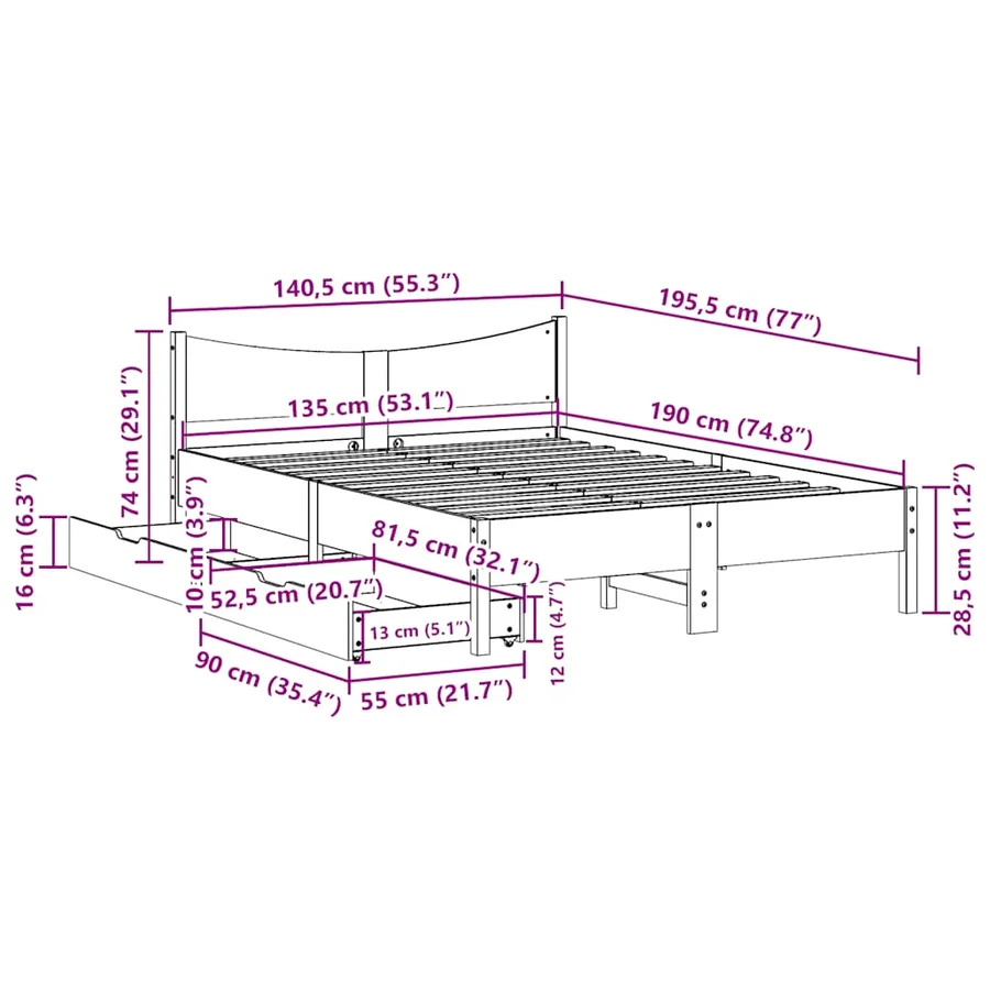 Cadre de lit avec tiroirs blanc 135x190 cm bois de pin massif - 11