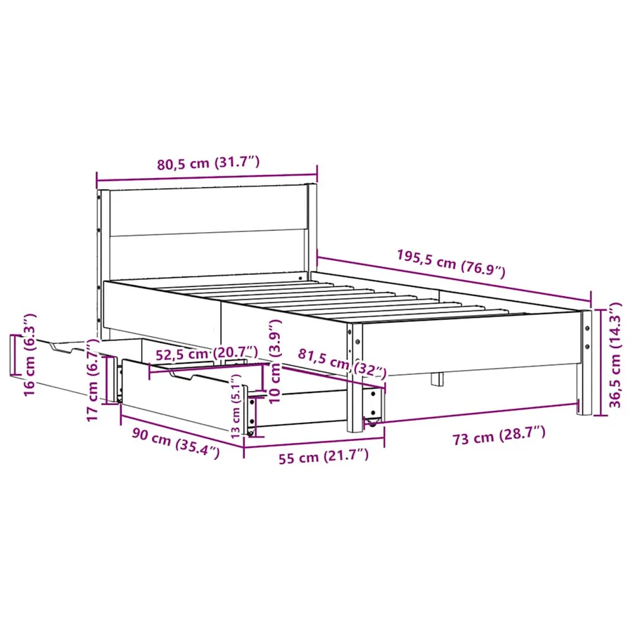 Cadre de lit sans matelas blanc 75x190 cm bois de pin massif - 12