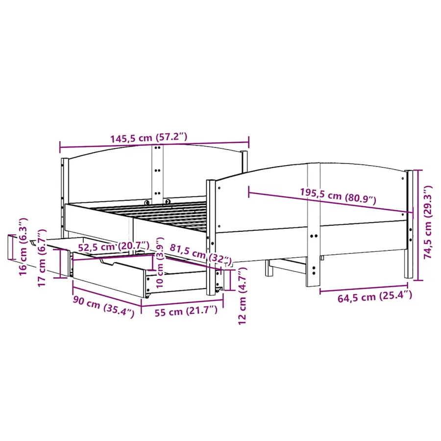 Cadre de lit sans matelas blanc 140x190 cm bois de pin massif - 12