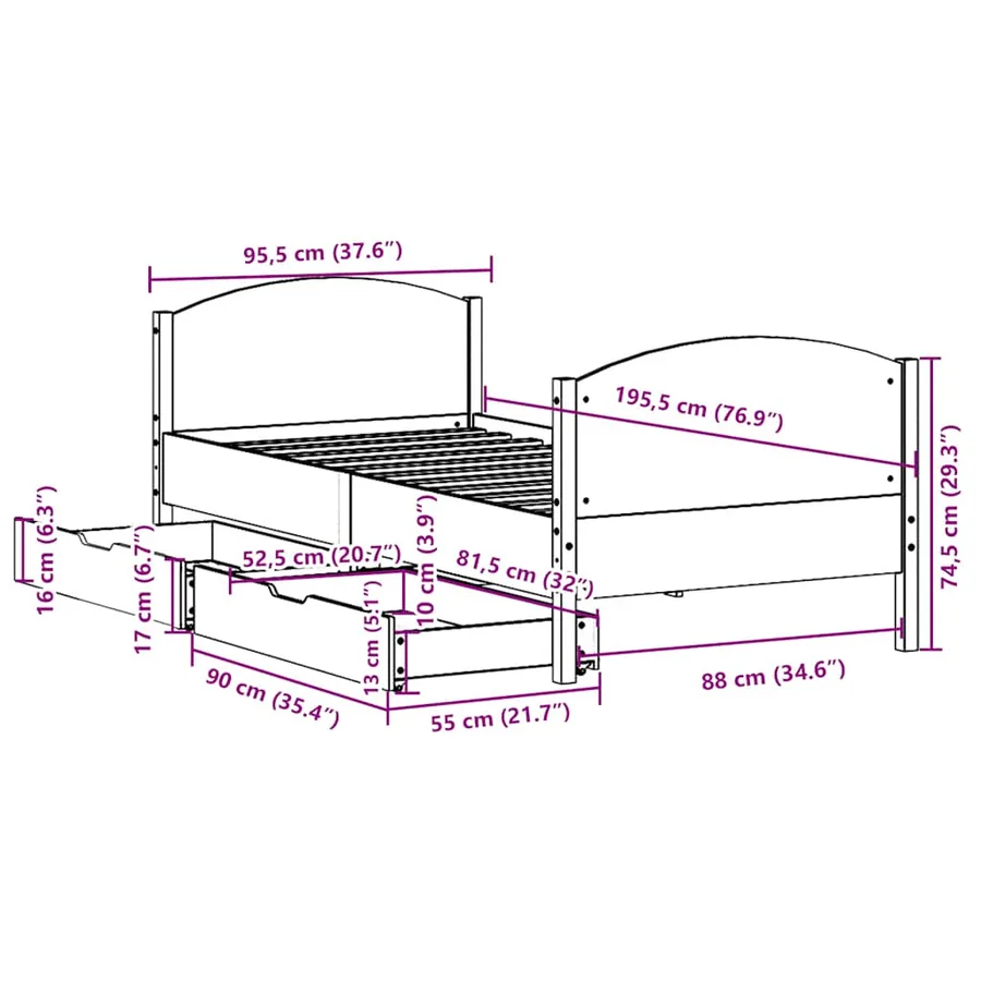 Cadre de lit sans matelas cire marron 90x190 cm bois pin massif - 12