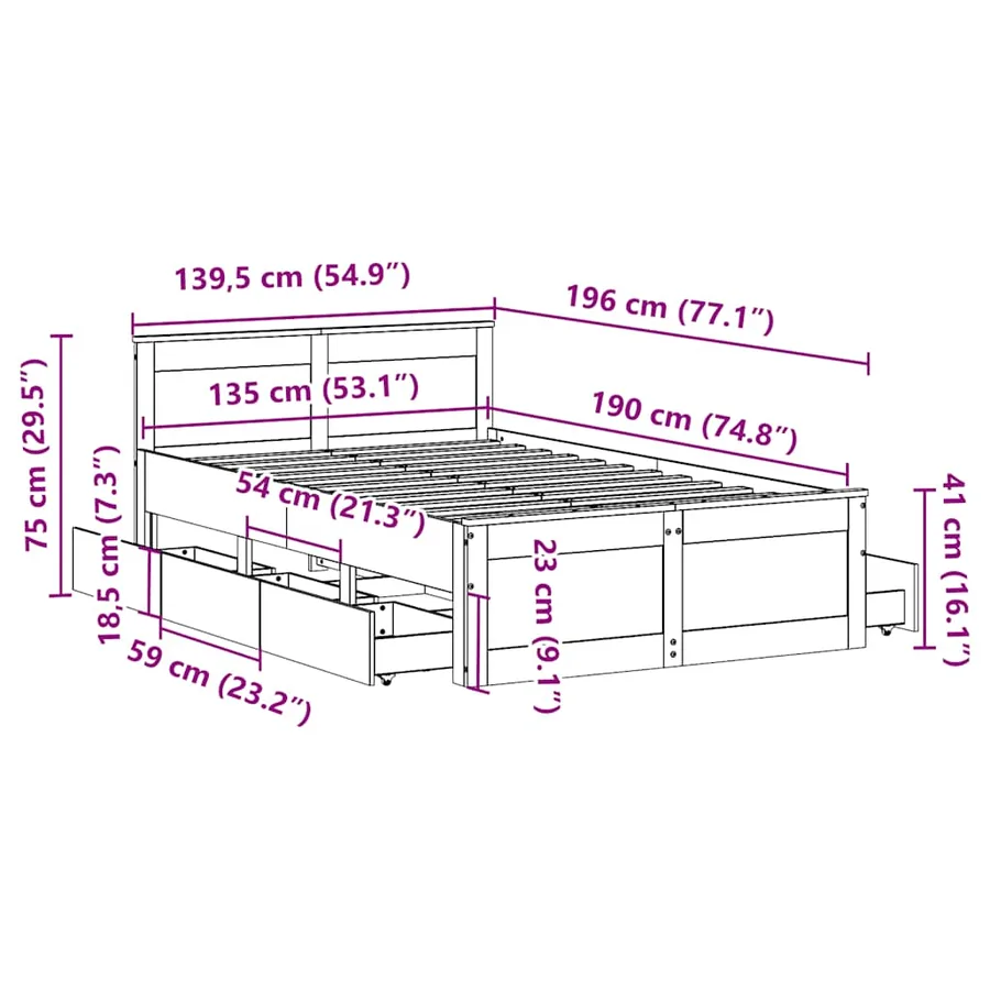 Cadre de lit sans matelas avec tête de lit 135x190 cm bois pin - 13
