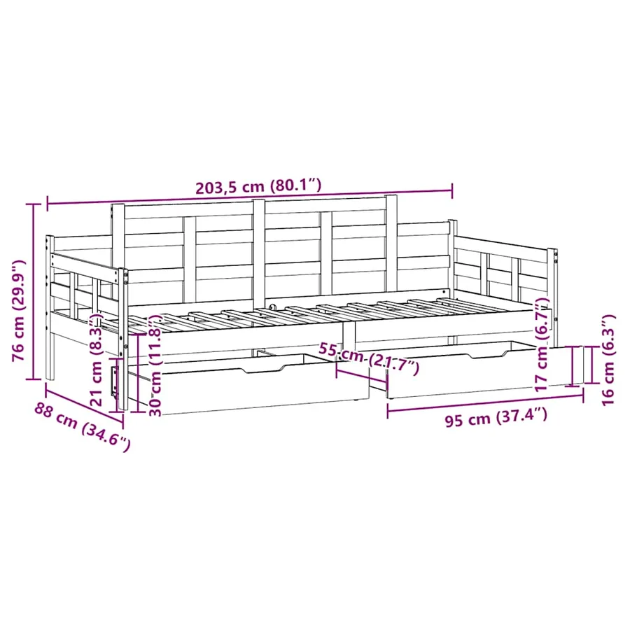 Lit de jour avec tiroirs sans matelas 80x200 cm bois massif - 12