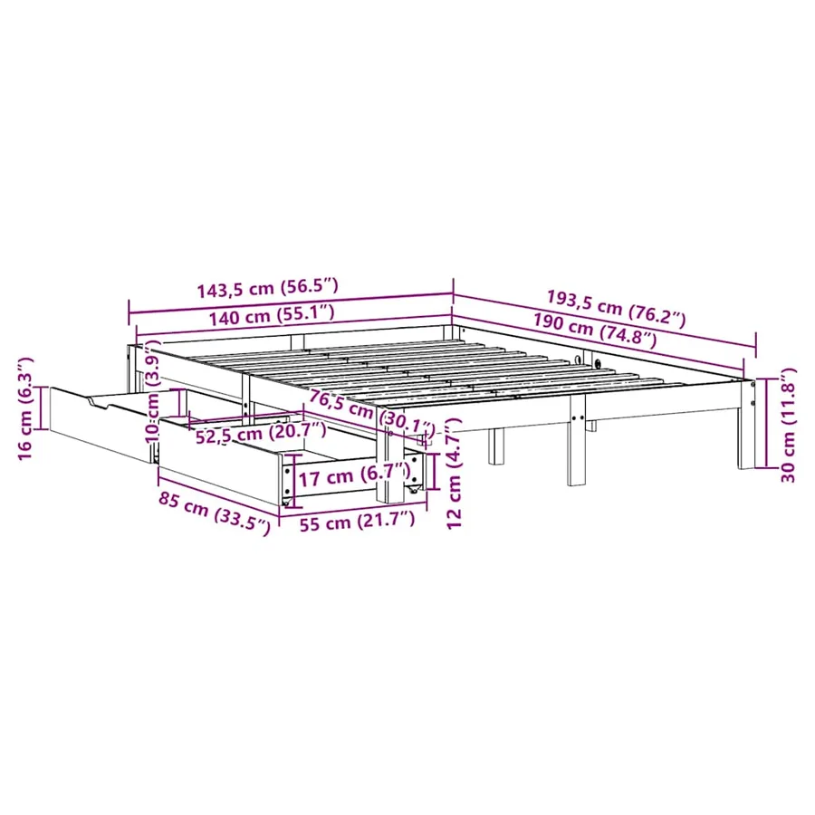 Cadre de lit avec tiroirs sans matelas 140x190 cm - 11