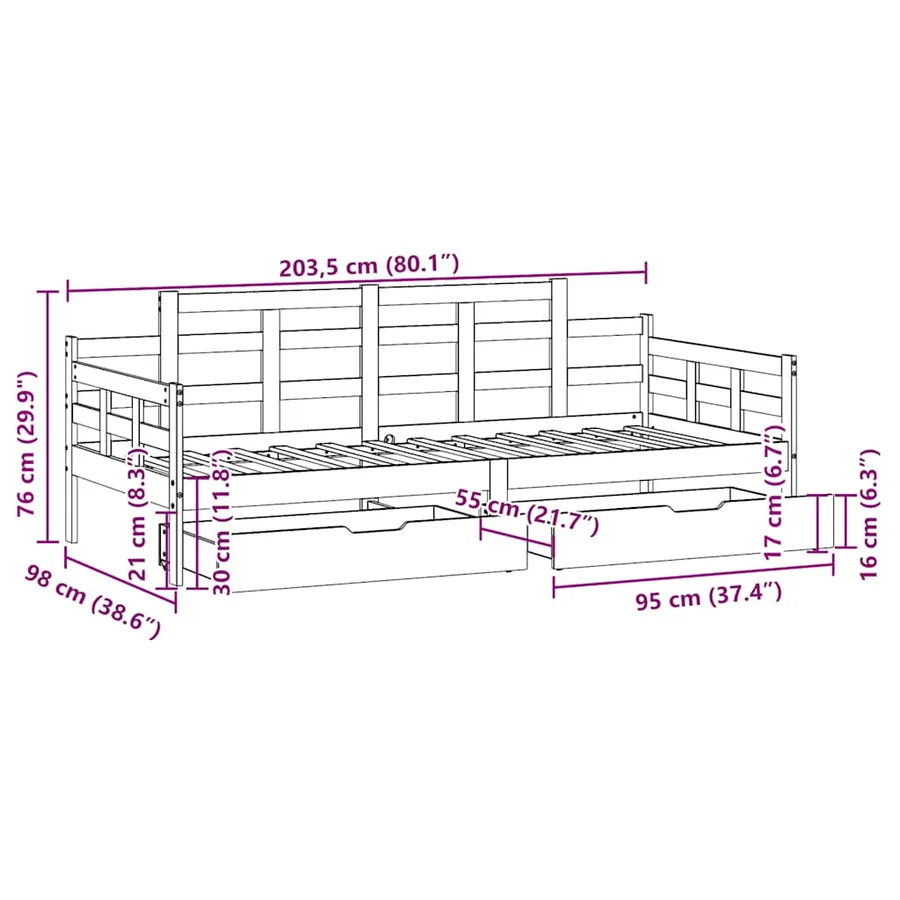 Lit de jour avec tiroirs sans matelas 90x200 cm bois massif - 12