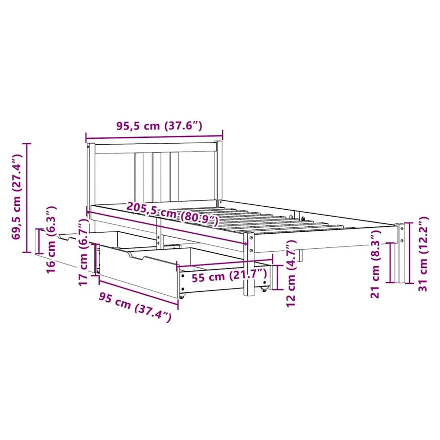 Cadre de lit sans matelas blanc 90x200 cm bois de pin massif - 12