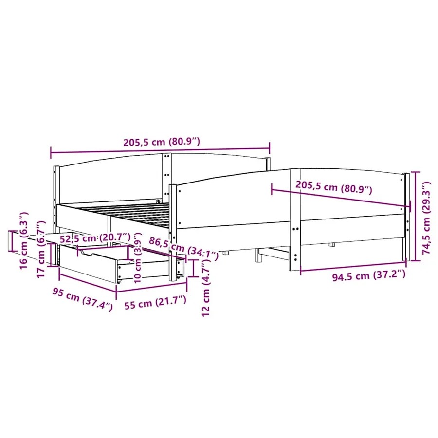 Cadre de lit sans matelas 200x200 cm bois massif de pin - 12