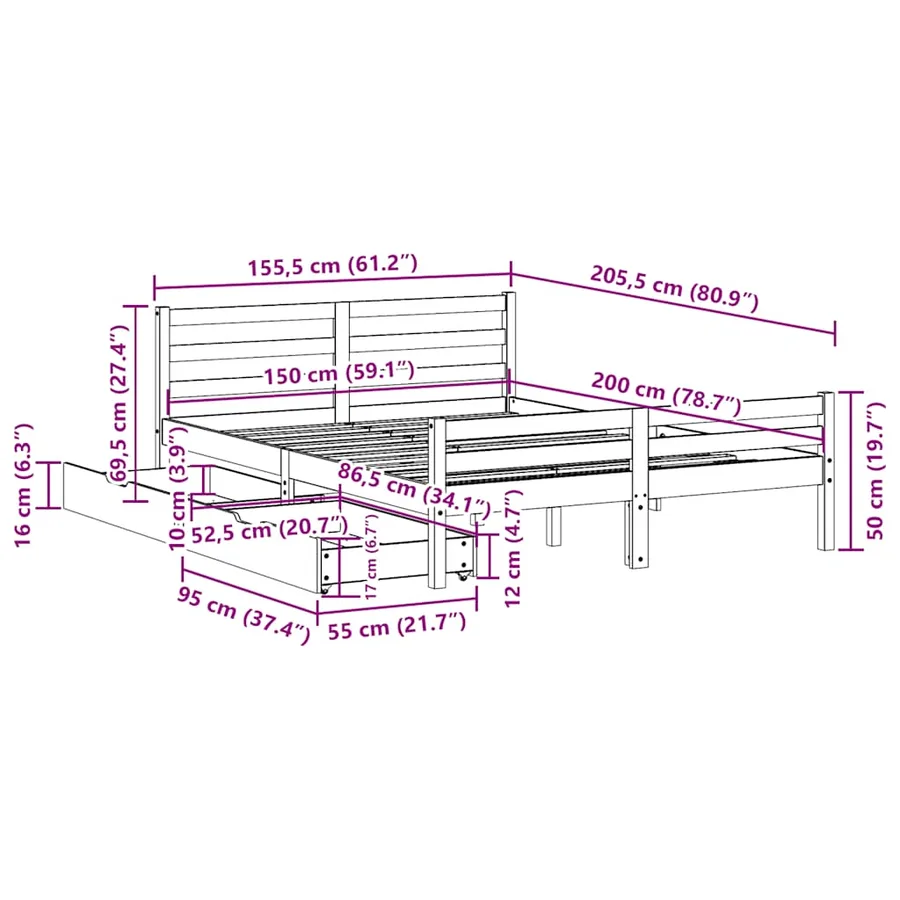 Cadre de lit sans matelas 150x200 cm bois de pin massif - 11