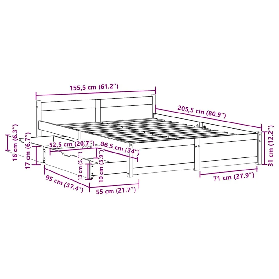 Cadre de lit sans matelas 150x200 cm bois de pin massif - 12