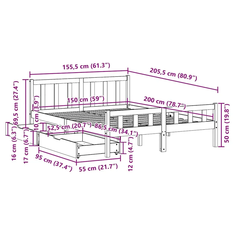 Cadre de lit sans matelas blanc 150x200 cm bois de pin massif - 11