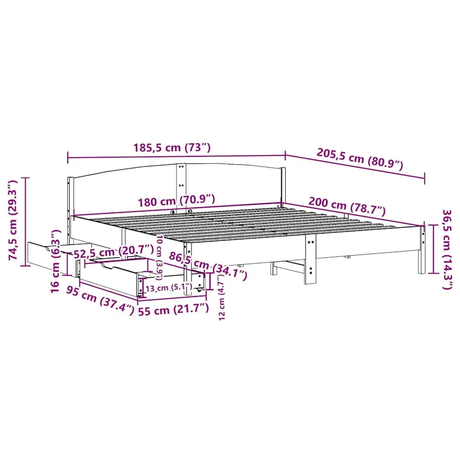 Cadre de lit sans matelas 180x200 cm bois massif de pin - 11