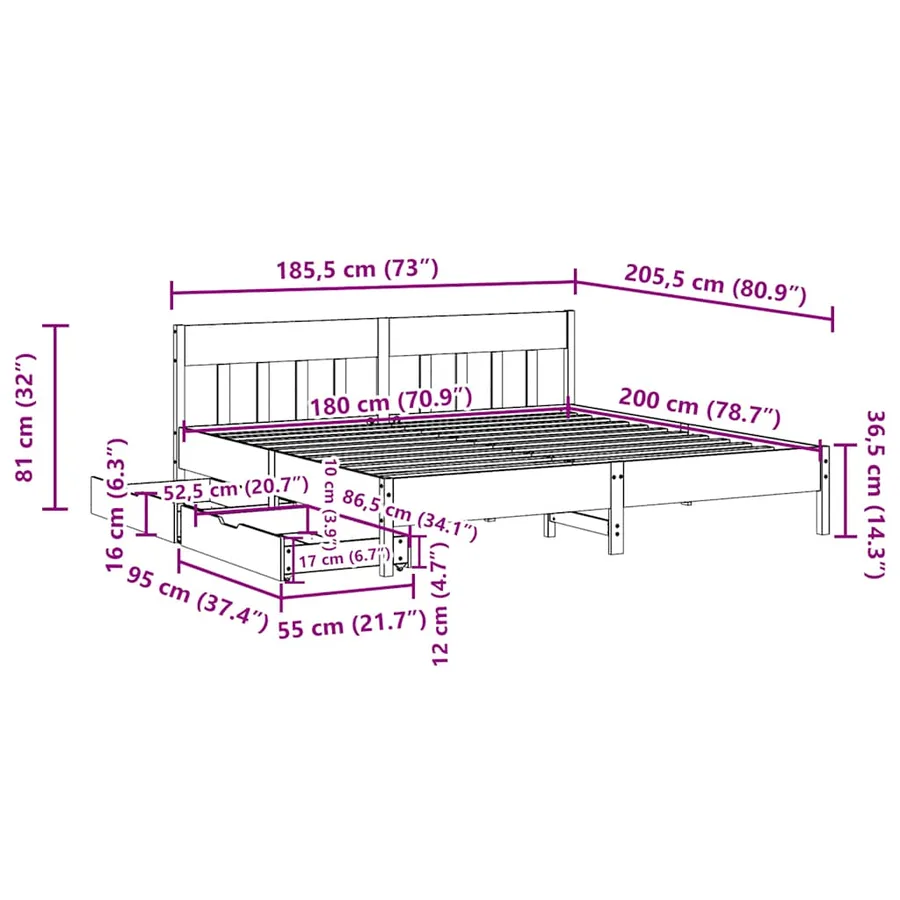 Cadre de lit sans matelas blanc 180x200 cm bois massif de pin - 11