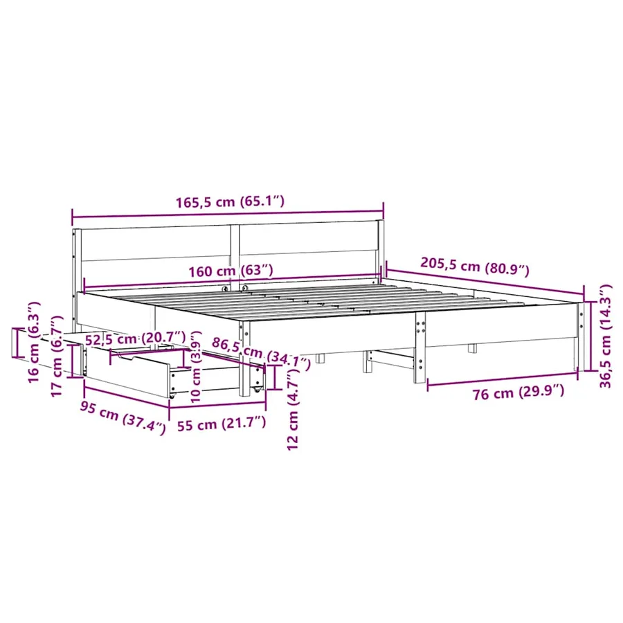 Cadre de lit sans matelas 160x200 cm bois massif de pin - 12