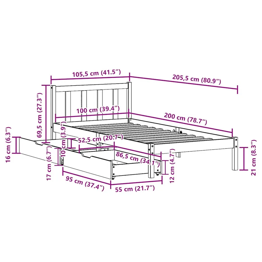 Cadre de lit sans matelas cire marron 100x200cm bois pin massif - 11