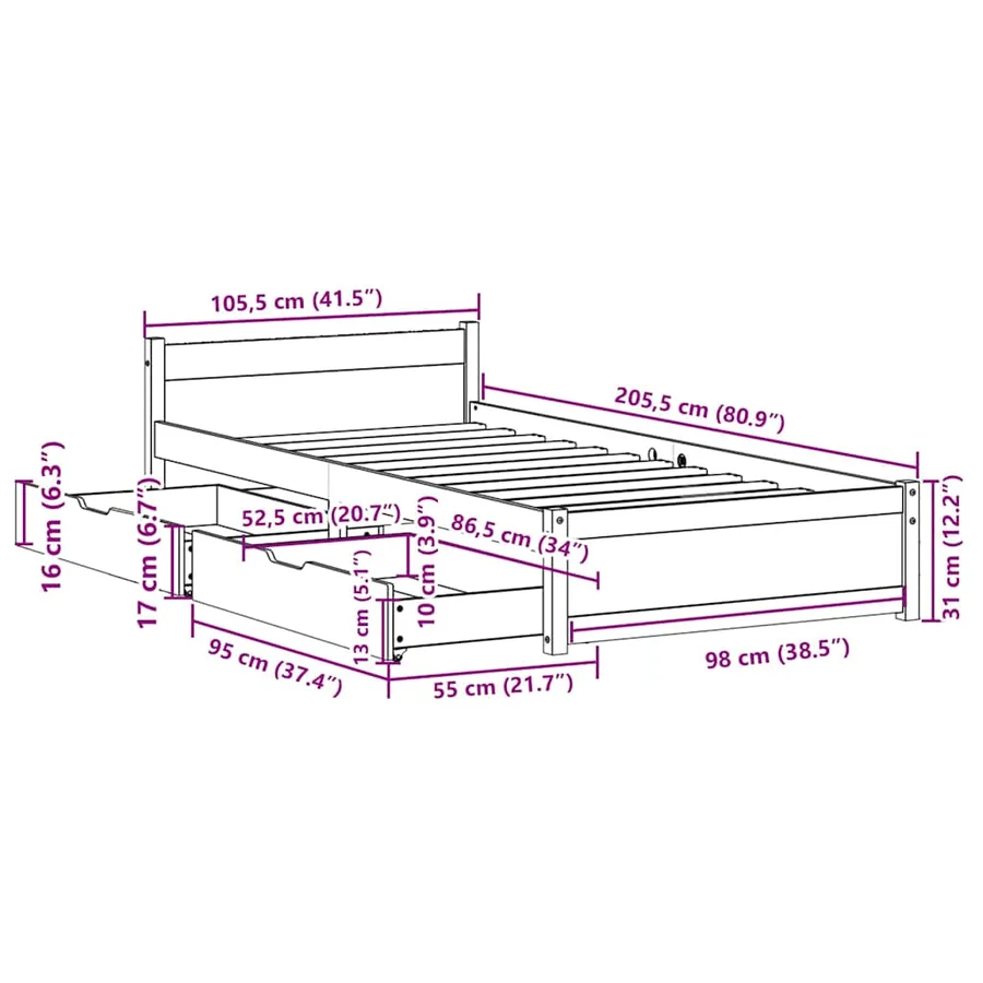 Cadre de lit sans matelas 100x200 cm bois massif de pin - 12