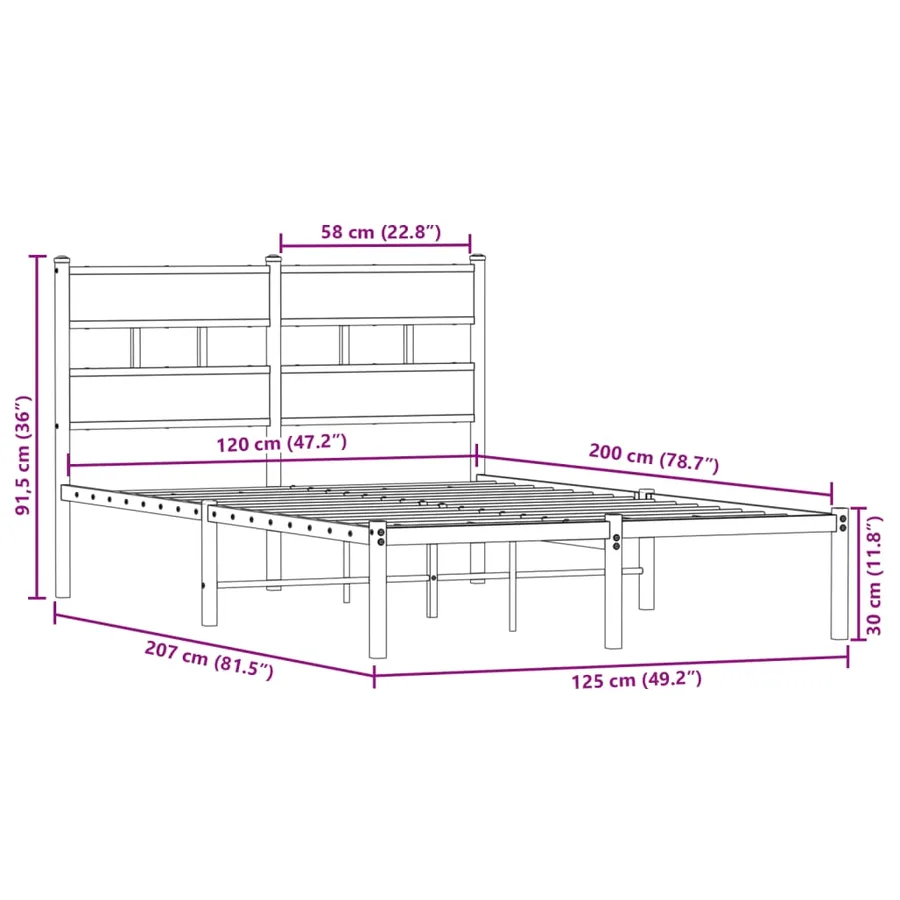 Cadre de lit en métal sans matelas chêne fumé 120x200 cm - 9