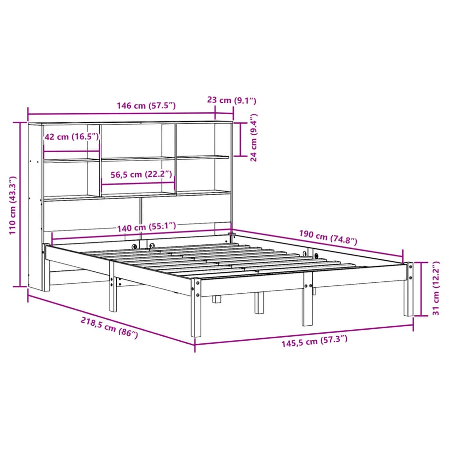 Lit bibliothèque sans matelas blanc 140x190 cm bois pin massif - 12