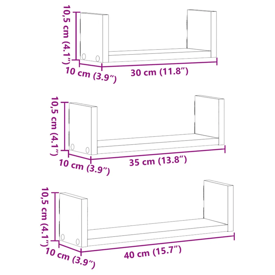 Étagères murales 3 pcs noir bois d'ingénierie - 10