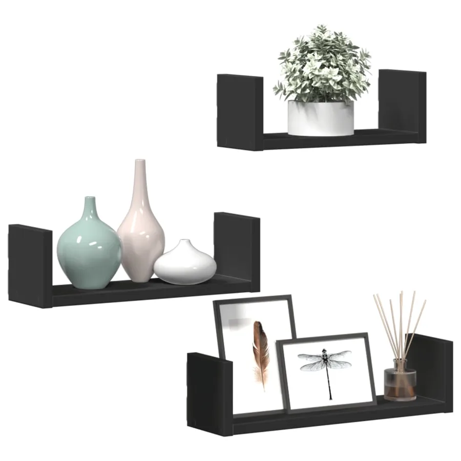 Étagères murales 3 pcs noir bois d'ingénierie - 3