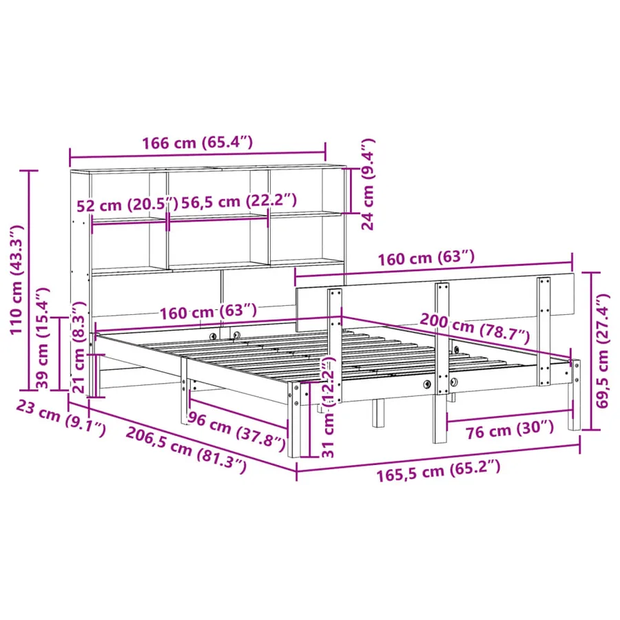Lit bibliothèque sans matelas blanc 160x200 cm bois pin massif - 11