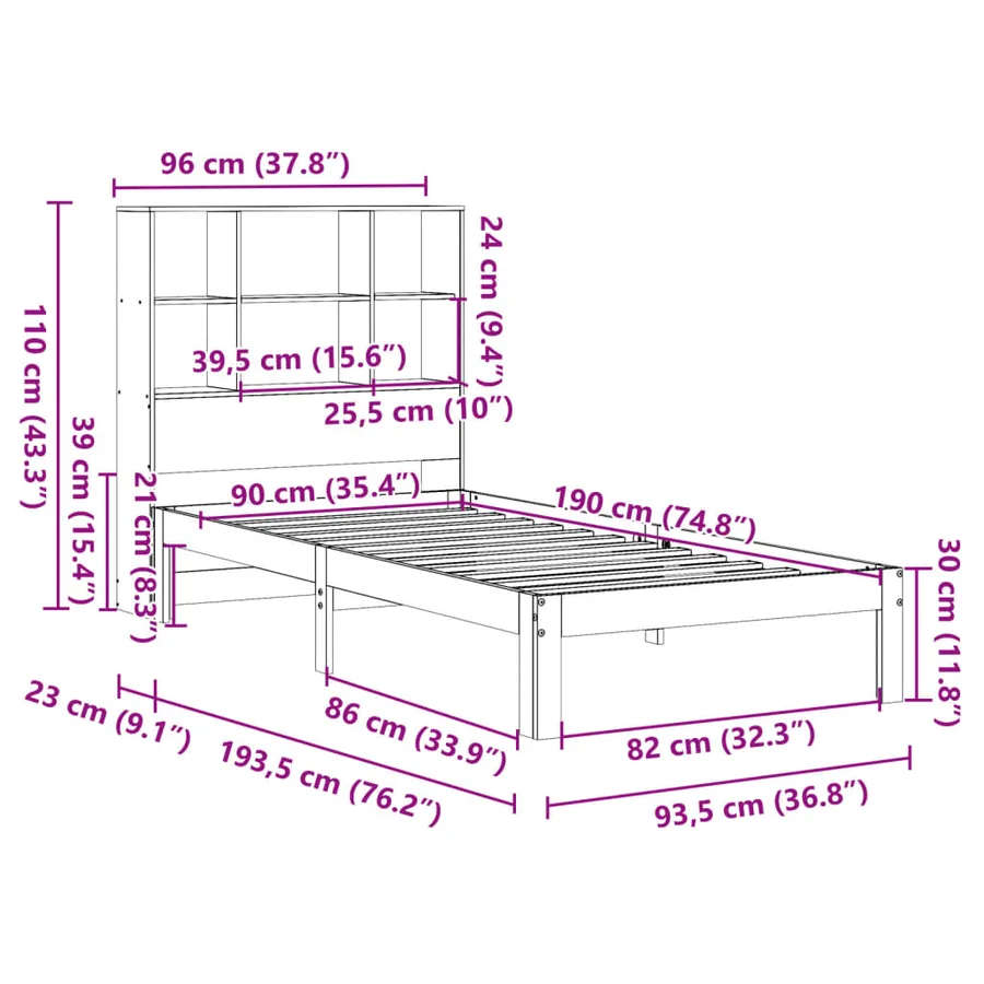 Lit bibliothèque sans matelas 90x190 cm bois de pin massif - 11