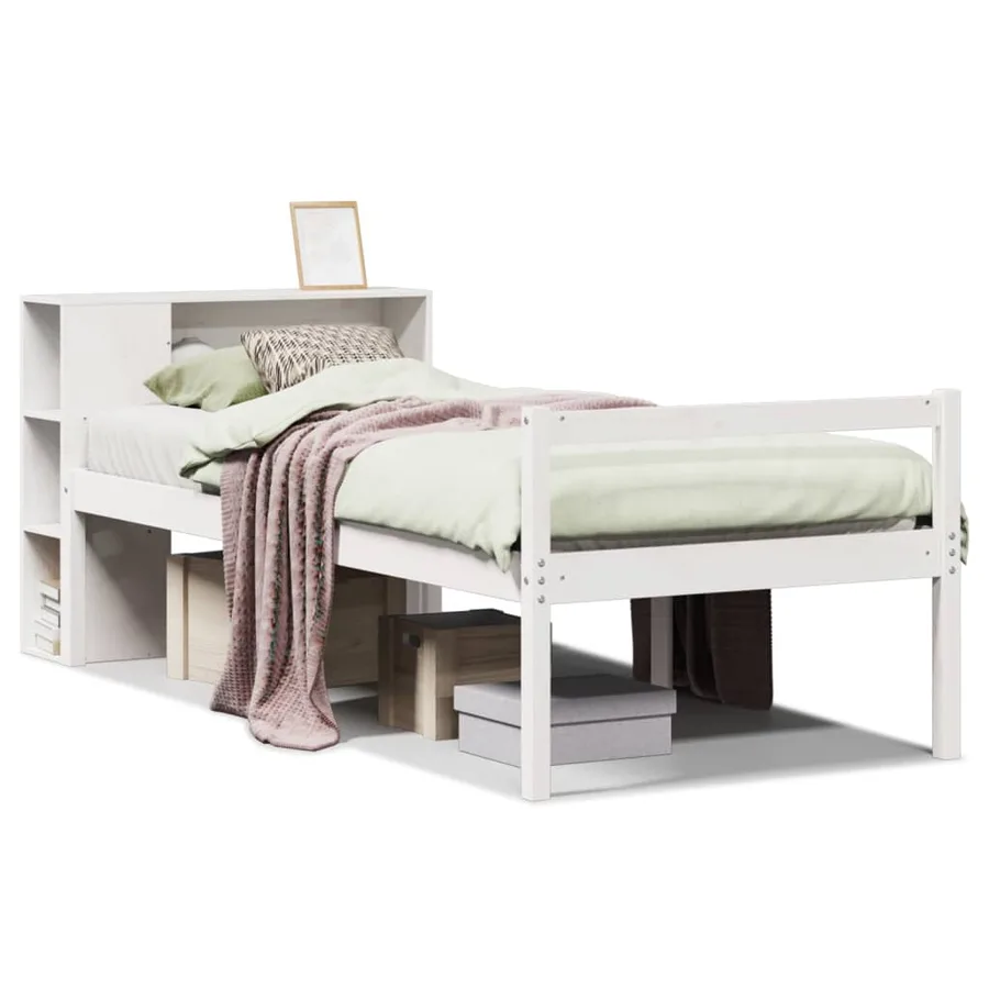 Lit bibliothèque sans matelas blanc 75x190cm bois de pin massif - 2