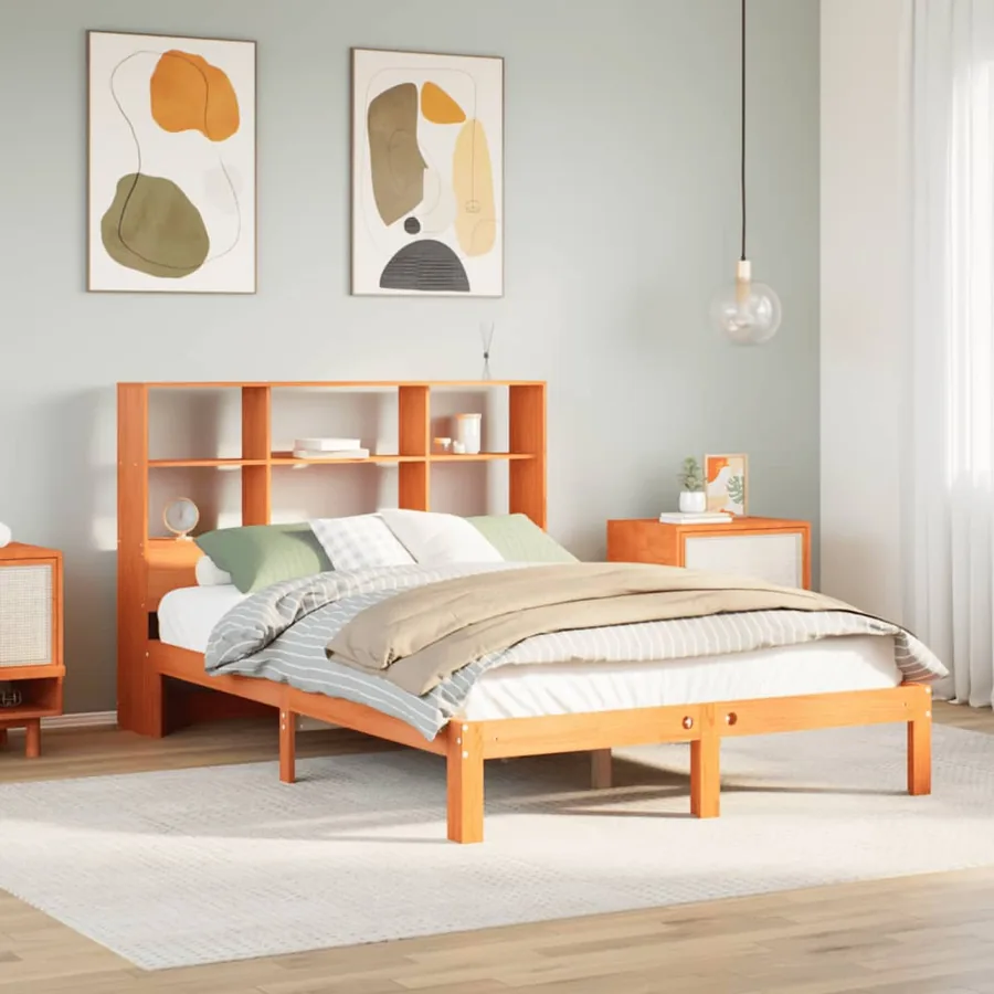 Lit bibliothèque sans matelas cire marron 140x190 cm pin massif