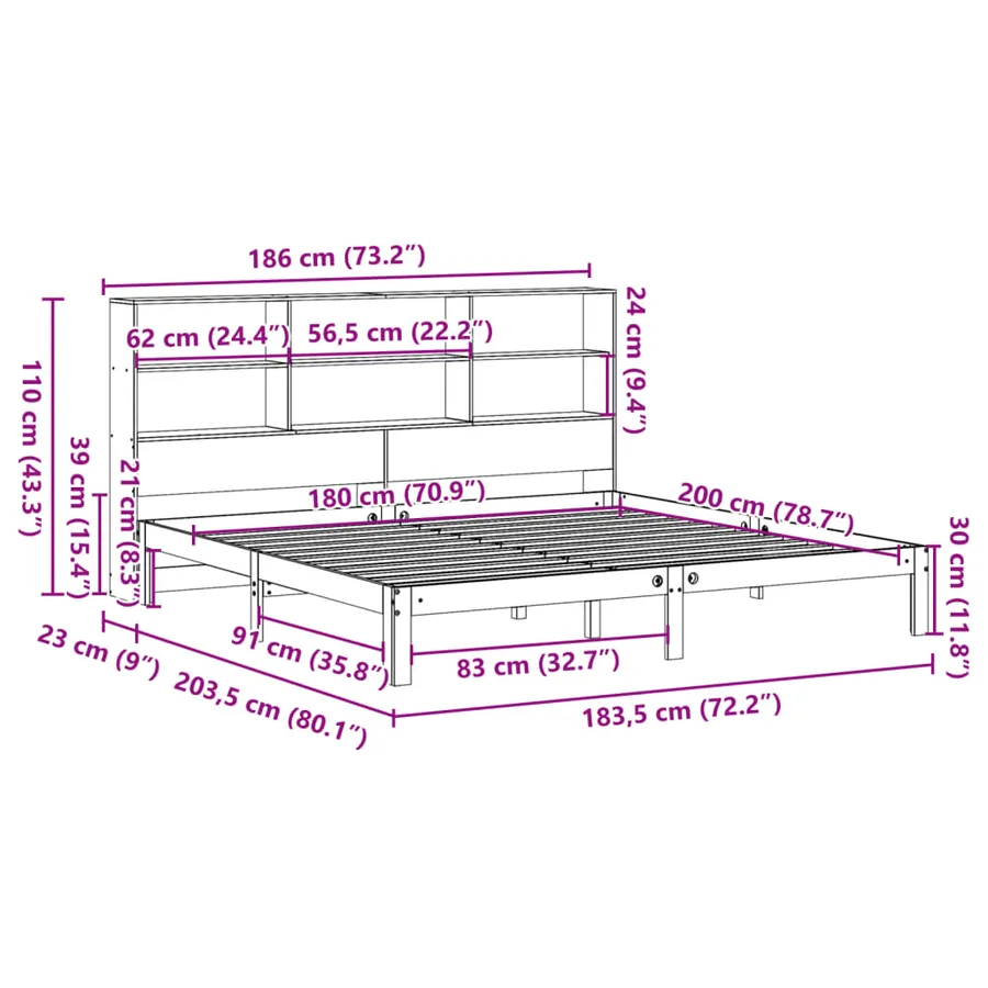 Lit bibliothèque sans matelas blanc 180x200 cm bois pin massif - 11