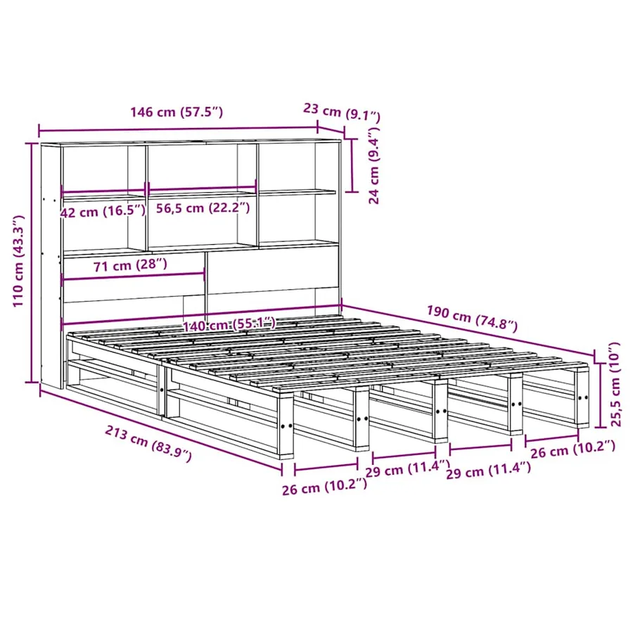 Lit bibliothèque sans matelas 140x190 cm bois massif - 12
