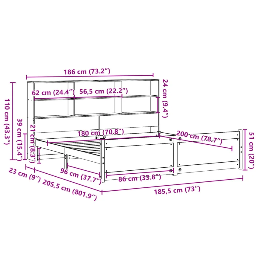 Lit bibliothèque sans matelas blanc 180x200 cm bois pin massif - 11
