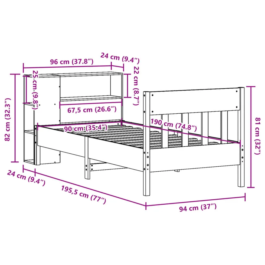 Lit bibliothèque sans matelas 90x190 cm bois de pin massif - 12