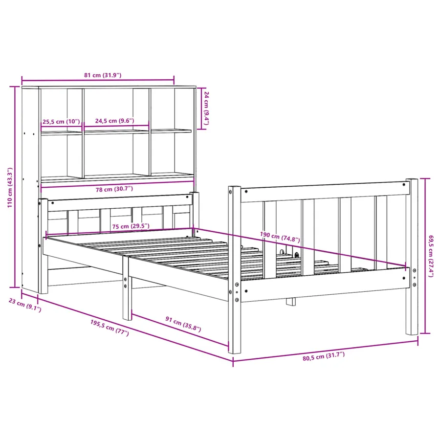 Lit bibliothèque sans matelas cire marron 75x190 cm bois massif - 12