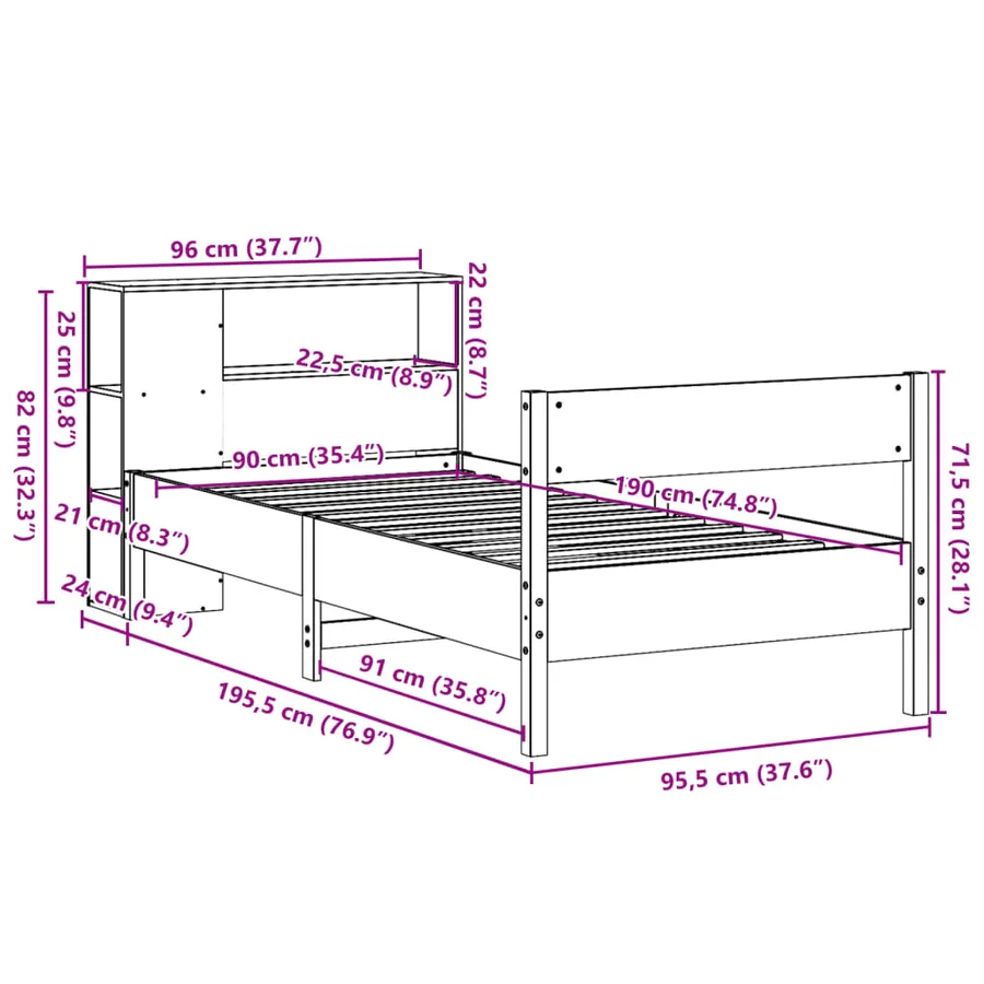 Lit bibliothèque sans matelas 90x190 cm bois de pin massif - 12