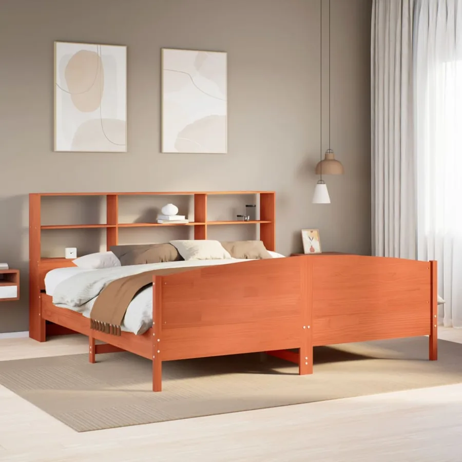 Lit bibliothèque sans matelas cire marron 200x200 cm pin massif