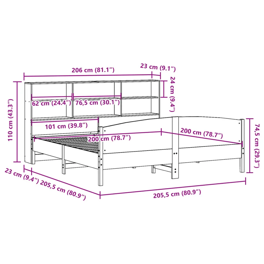 Lit bibliothèque sans matelas cire marron 200x200 cm pin massif - 12