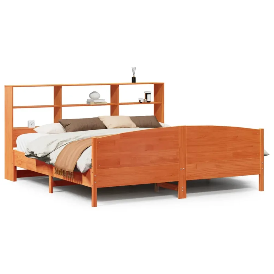 Lit bibliothèque sans matelas cire marron 200x200 cm pin massif - 2