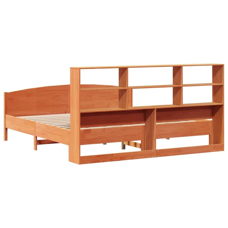 Lit bibliothèque sans matelas cire marron 200x200 cm pin massif - 6