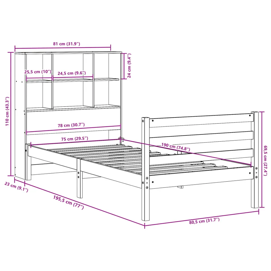 Lit bibliothèque sans matelas cire marron 75x190 cm bois massif - 11
