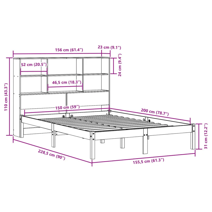 Lit bibliothèque sans matelas cire marron 150x200 cm pin massif - 12