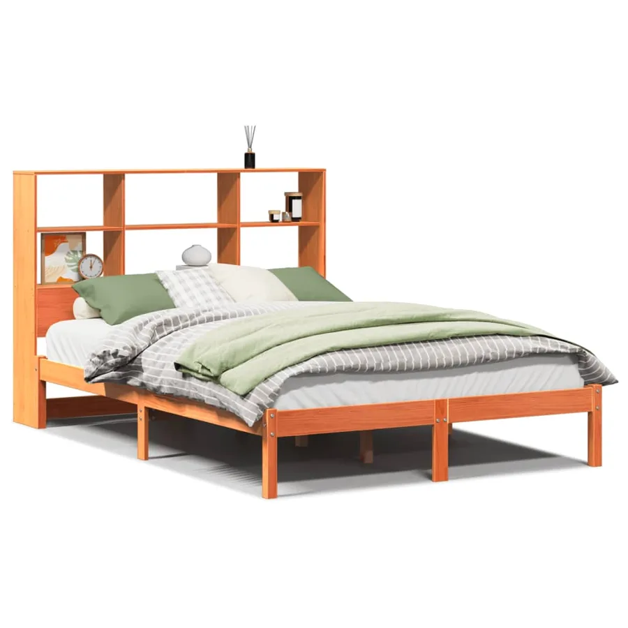 Lit bibliothèque sans matelas cire marron 150x200 cm pin massif - 2