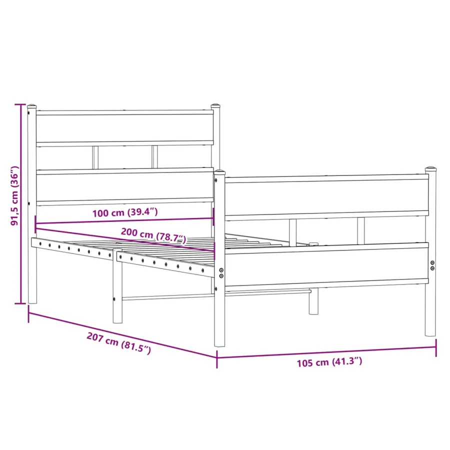 Cadre de lit en métal sans matelas chêne fumé 100x200 cm - 9