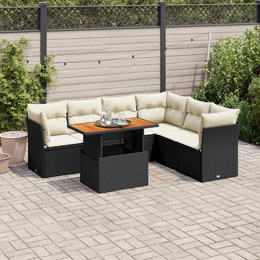 Salon de jardin 7 pcs avec coussins noir résine tressée 62 x 62 x 69 cm - 66,7 kg