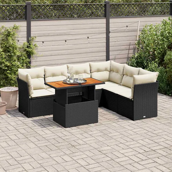 Salon de jardin 7 pcs avec coussins noir résine tressée 62 x 62 x 69 cm - 66,7 kg
