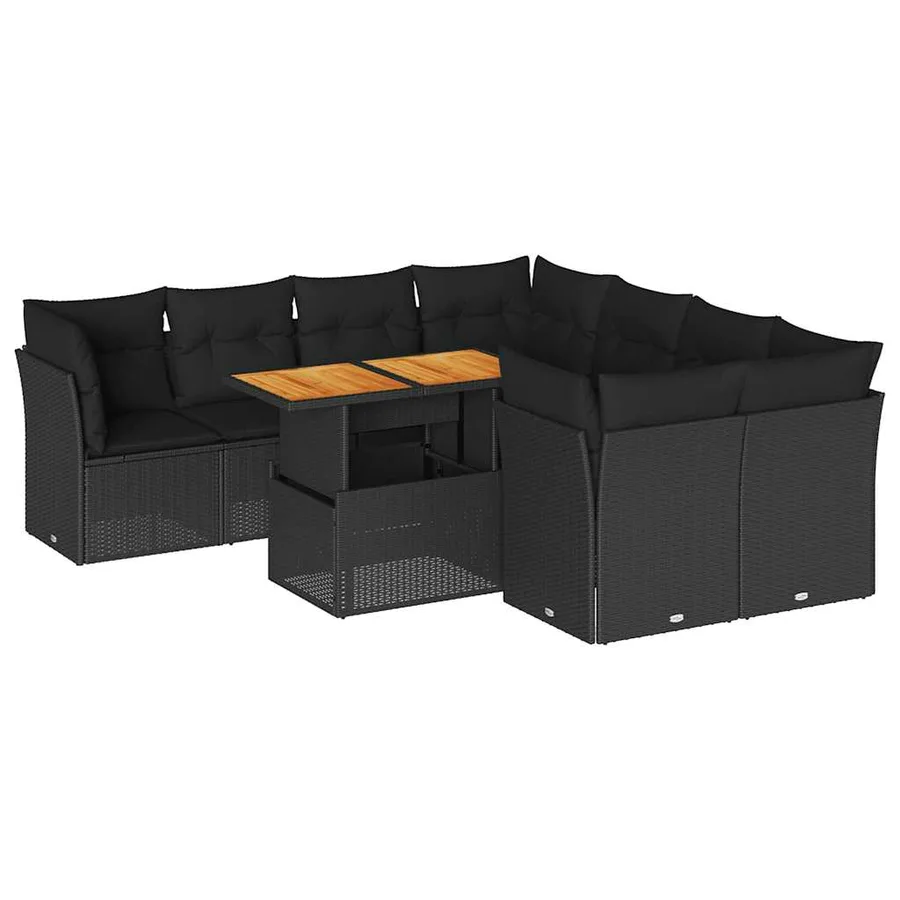 Salon de jardin 9 pcs avec coussins noir résine tressée - 2