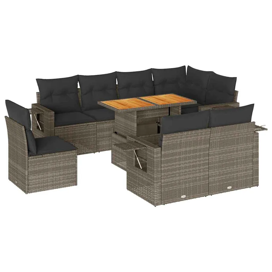 Salon de jardin 9 pcs avec coussins gris résine tressée - 2