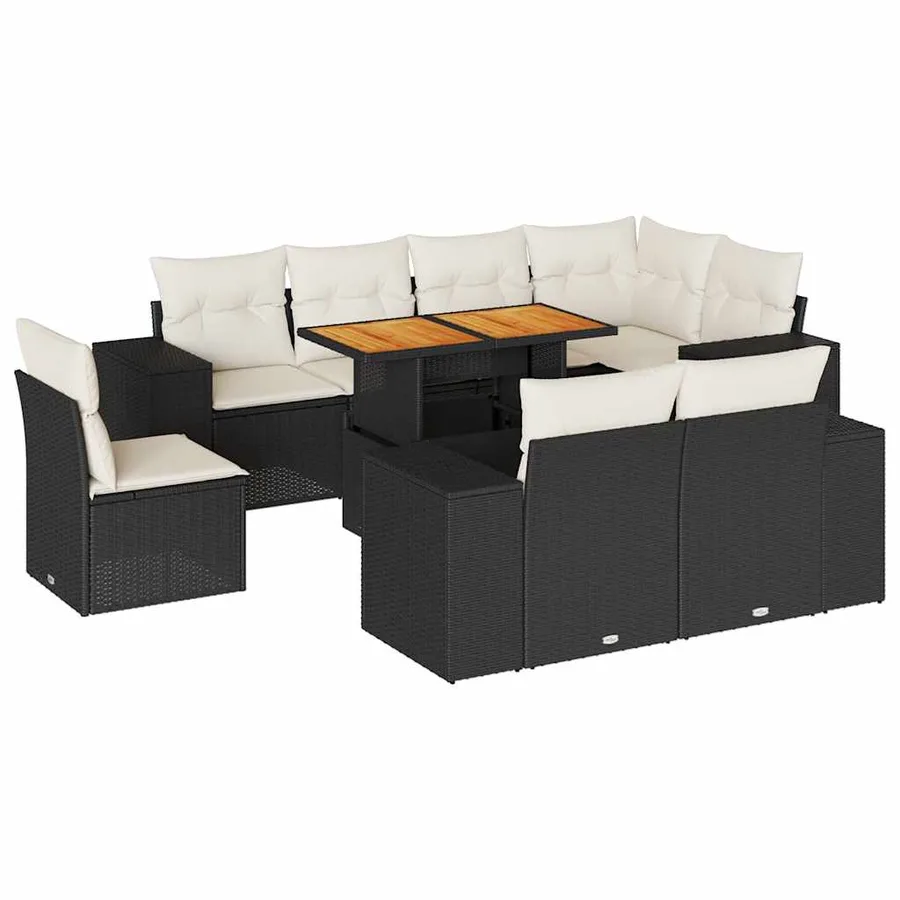 Salon de jardin 9 pcs avec coussins noir résine tressée - 2