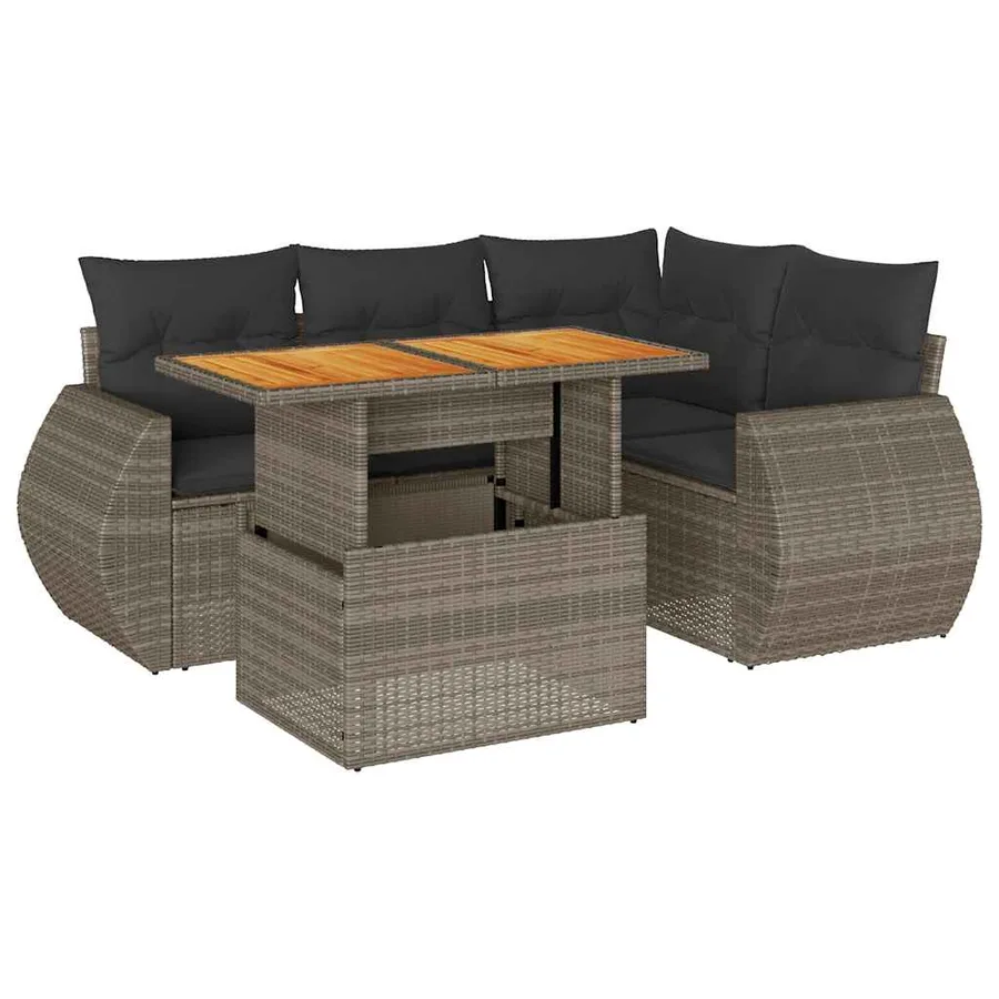 Salon de jardin 5 pcs avec coussins gris résine tressée - 2