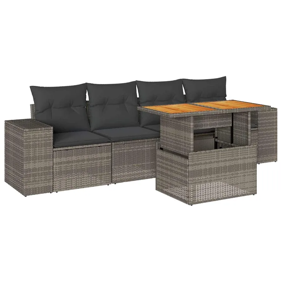 Salon de jardin 5 pcs avec coussins gris résine tressée - 2